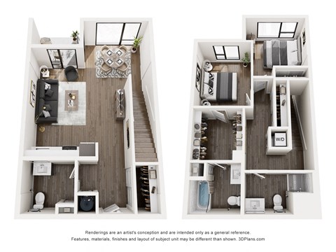 A 3D floor plan of a two-bedroom apartment.